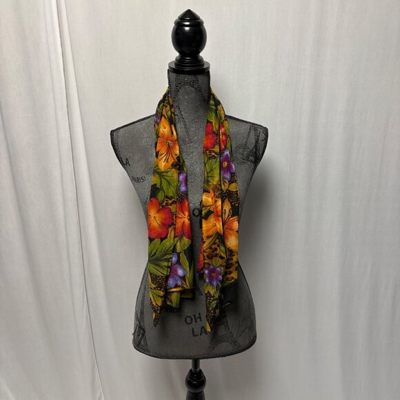 Longitude Chiffon Floral Scarf Colorful Flowers Leaves Tropical Garden - Picture 2 of 8